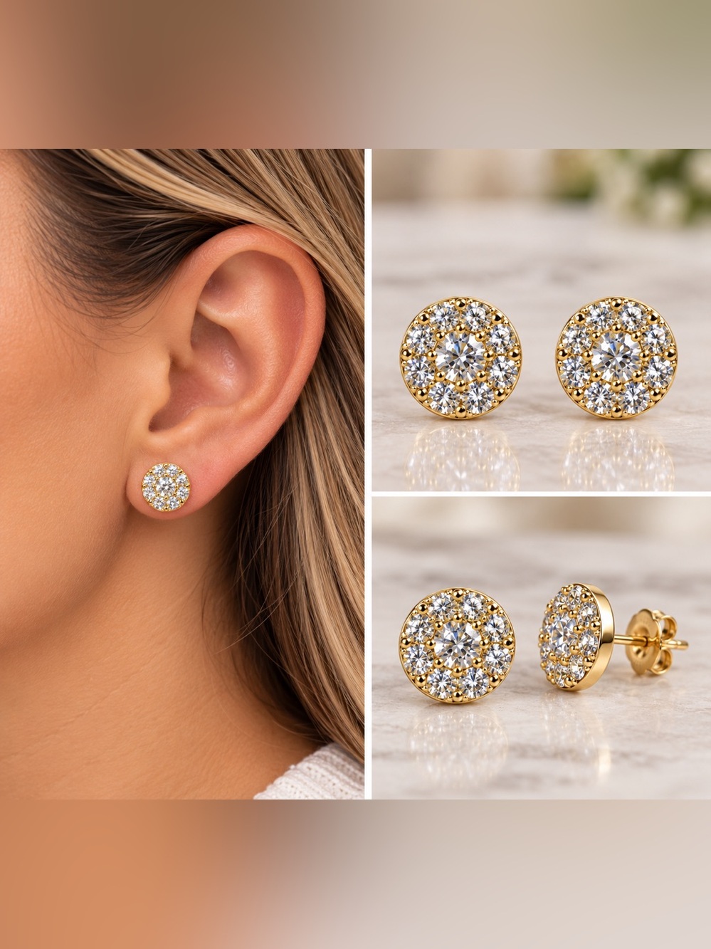 Moissanite Round Pavé Stud Earrings 18K Gold Layered 0.23 CT
